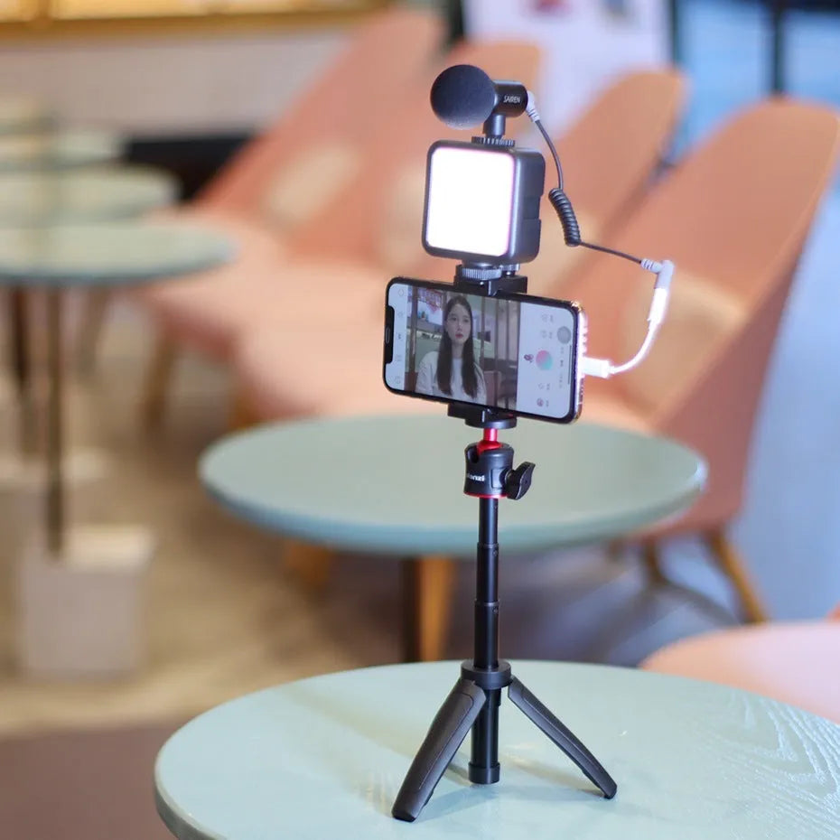 Combo 8 mobile phone vlog bracket set with fill light and stand, showing compact size.