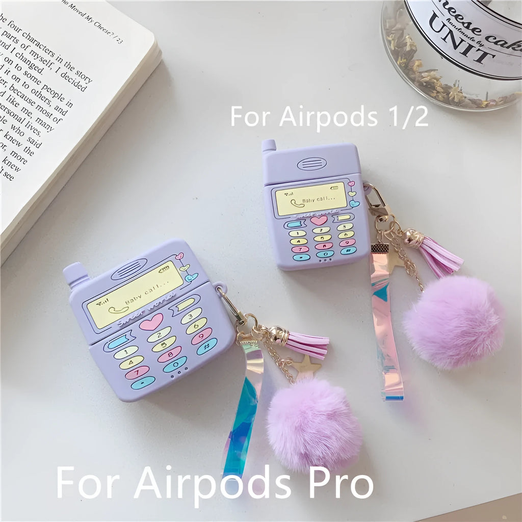 Purple silicone protective case for Apple AirPods with attached fur ball pendant