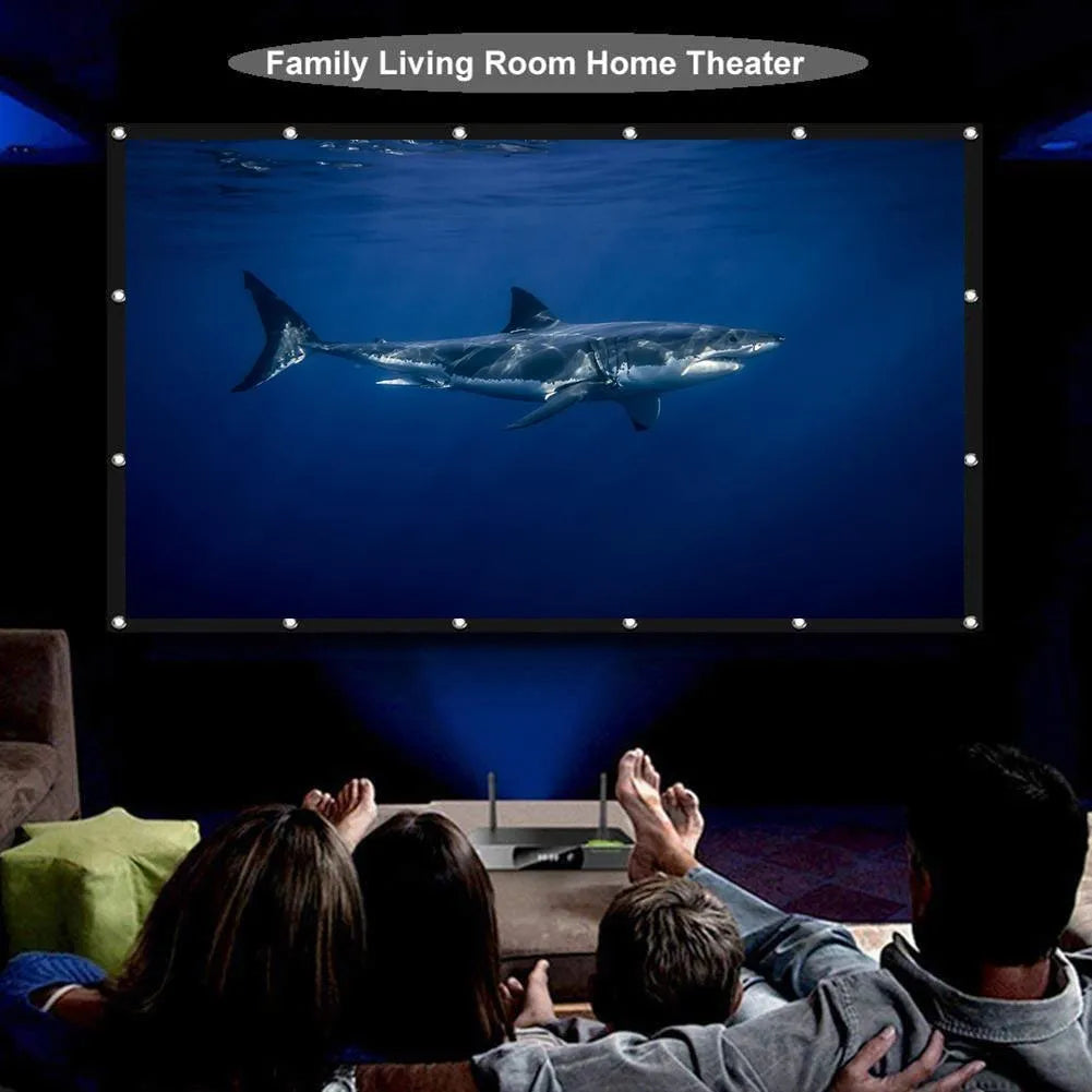 White polyester 150-inch soft folding projector screen shown in unfolded position