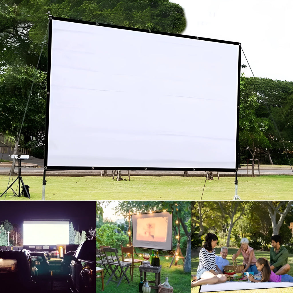 White polyester 150-inch soft folding projector screen shown in unfolded position