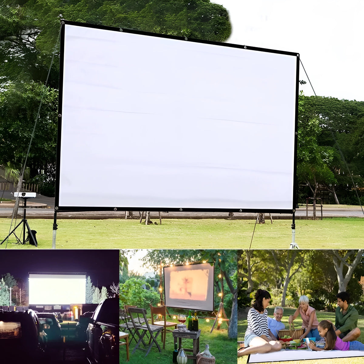 White polyester 150-inch soft folding projector screen shown in unfolded position