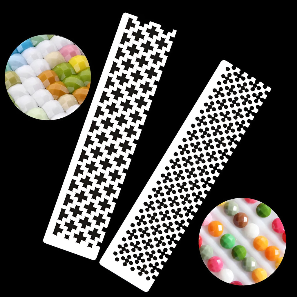 Stainless steel diamond painting grid ruler showing square and round diamond measurement patterns