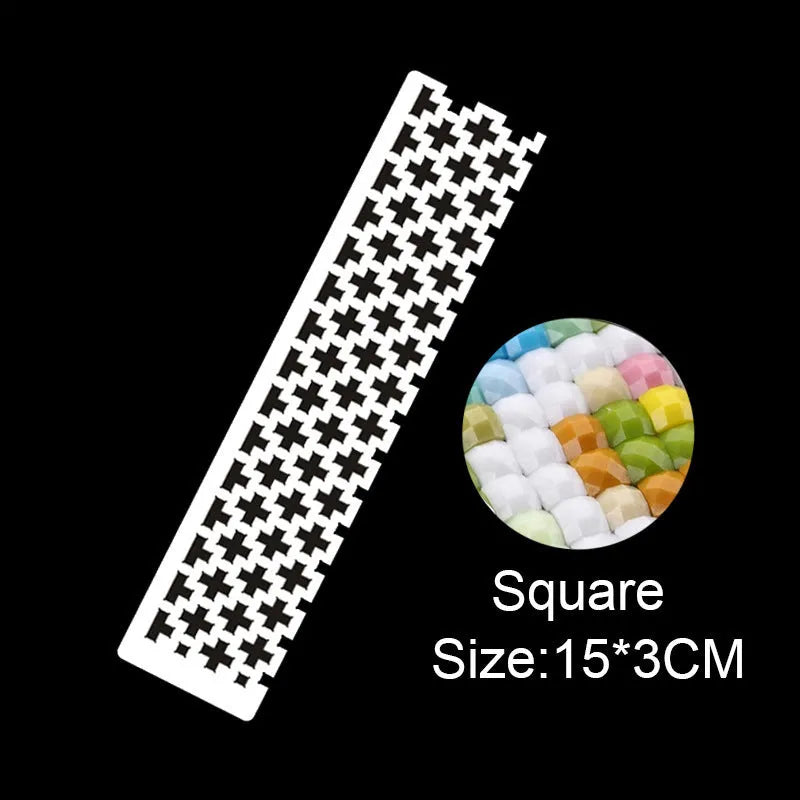 Stainless steel diamond painting grid ruler showing square and round diamond measurement patterns
