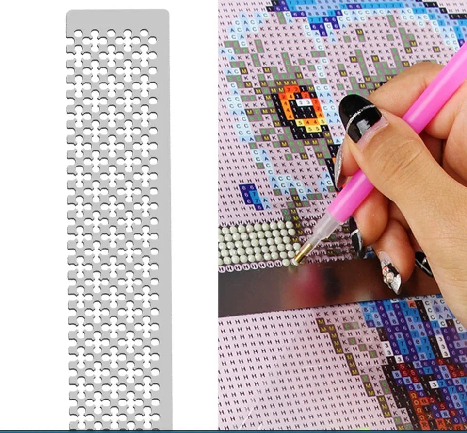 Stainless steel diamond painting grid ruler showing square and round diamond measurement patterns