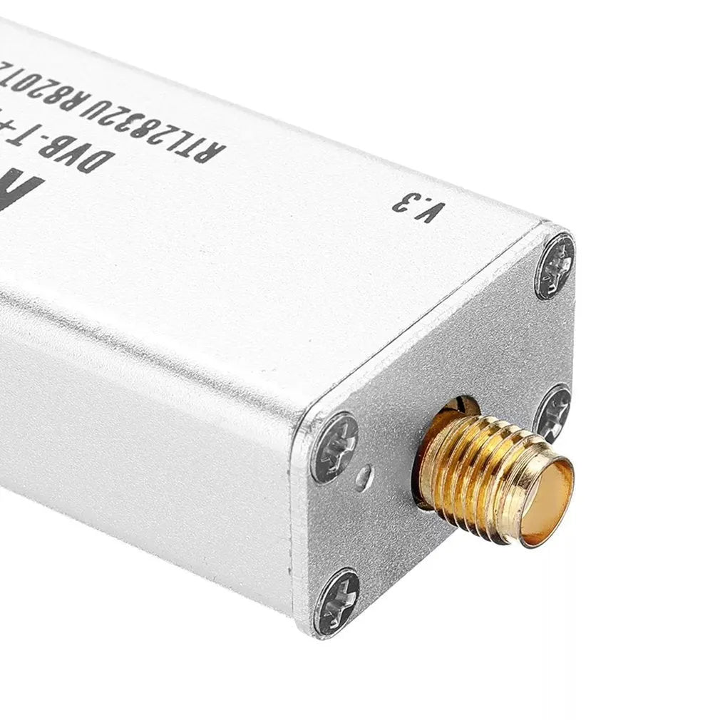 Black metal A300U SDR software defined radio receiver with gold SMA antenna connector.