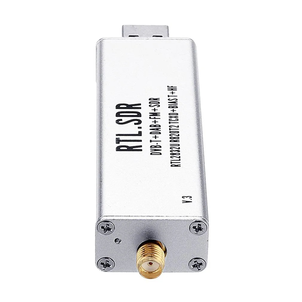 Black metal A300U SDR software defined radio receiver with gold SMA antenna connector.