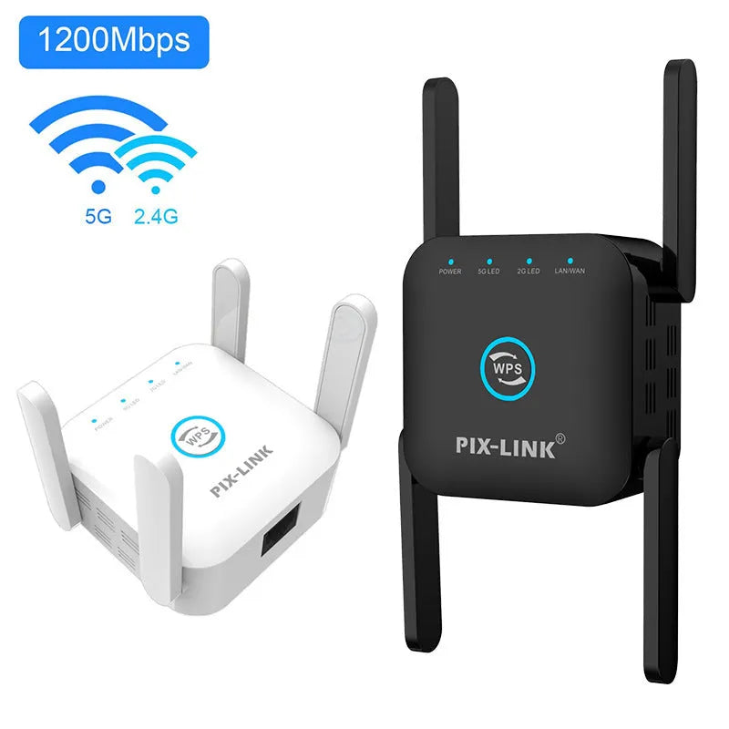 PIXLINK AC24 dual frequency wireless WiFi extender router in black or white with regional power adapter