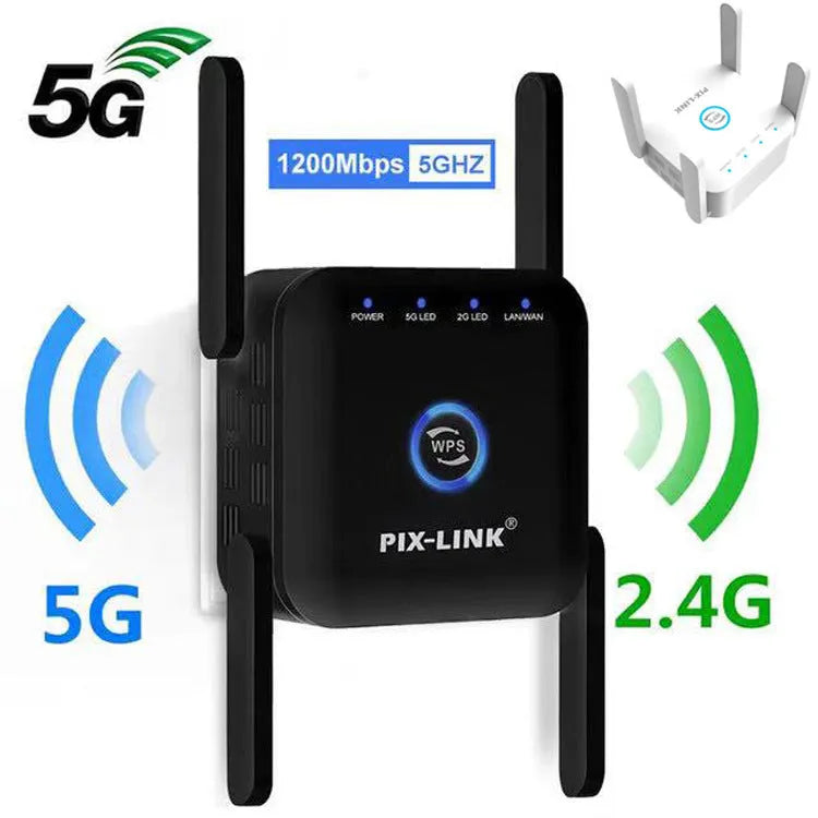 PIXLINK AC24 dual frequency wireless WiFi extender router in black or white with regional power adapter