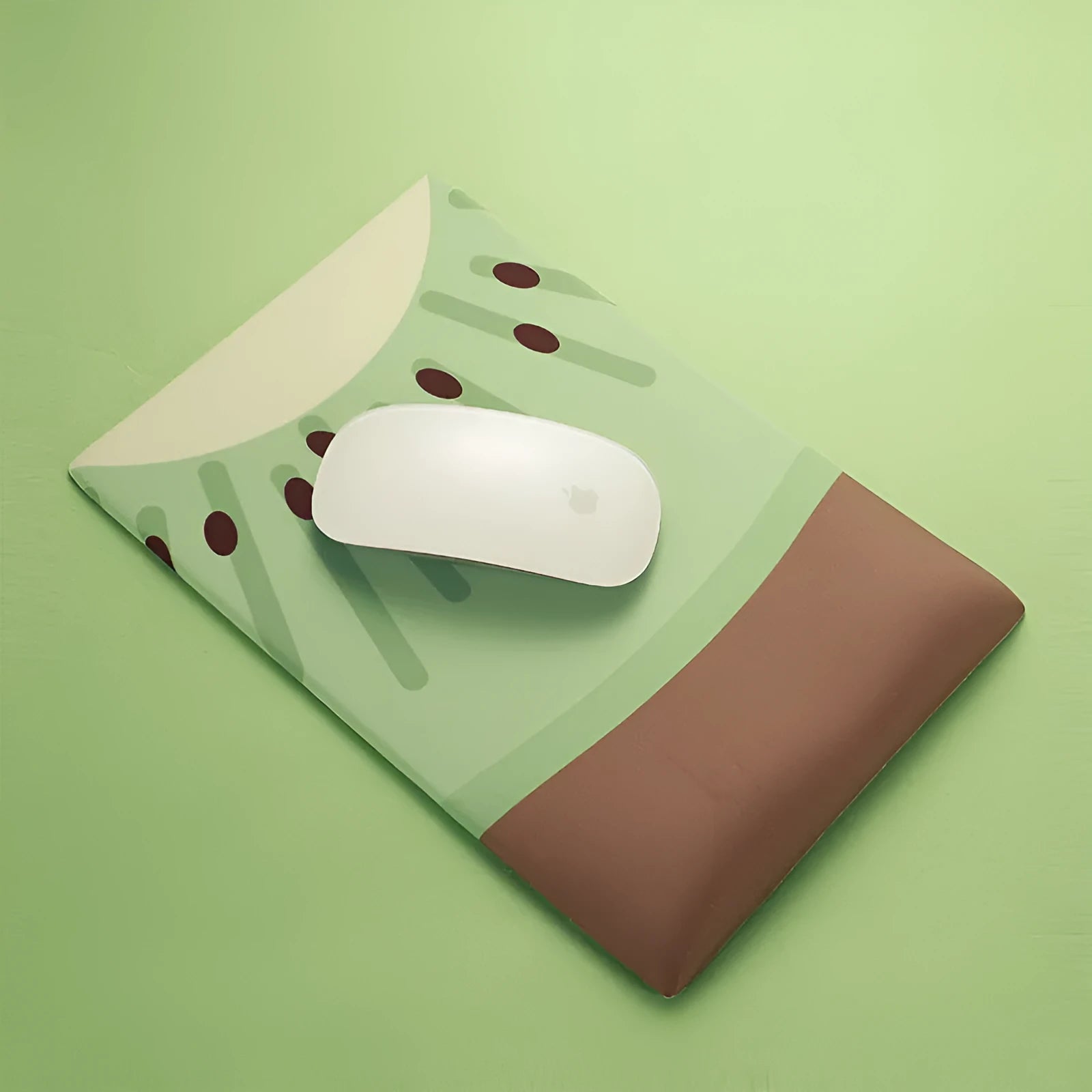 Cute kiwi fruit design mouse pad with a built-in thick grey wrist support cushion on a desk.