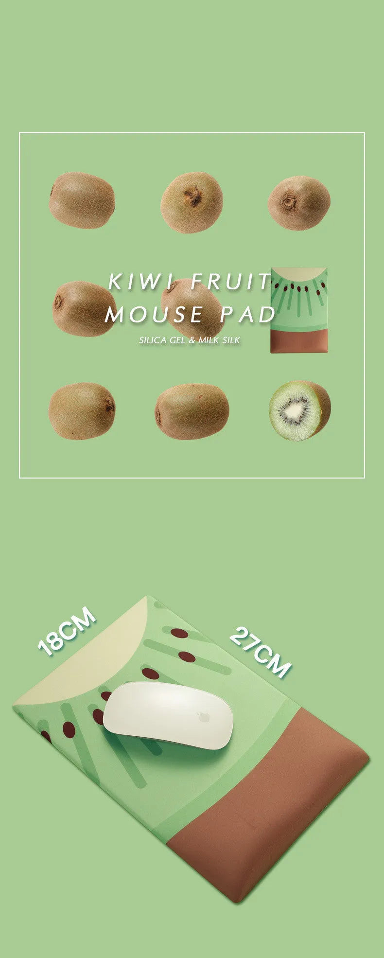 Cute kiwi fruit design mouse pad with a built-in thick grey wrist support cushion on a desk.