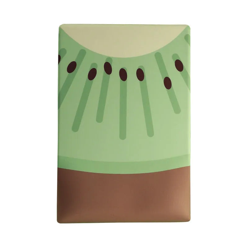 Cute kiwi fruit design mouse pad with a built-in thick grey wrist support cushion on a desk.