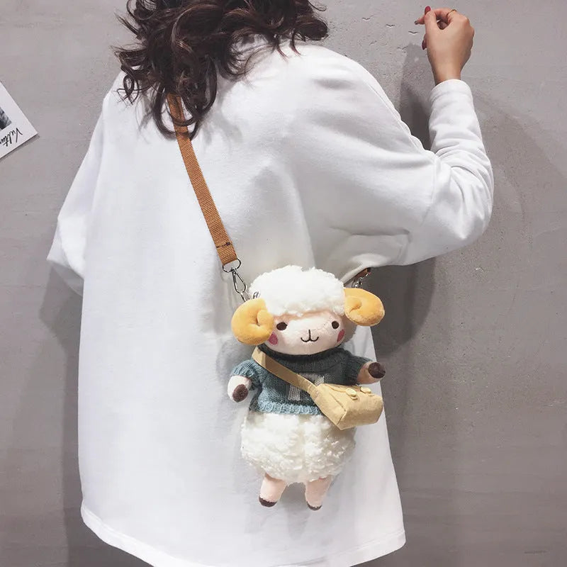 Little Sheep women's plush crossbody bag with square design and lamb pattern