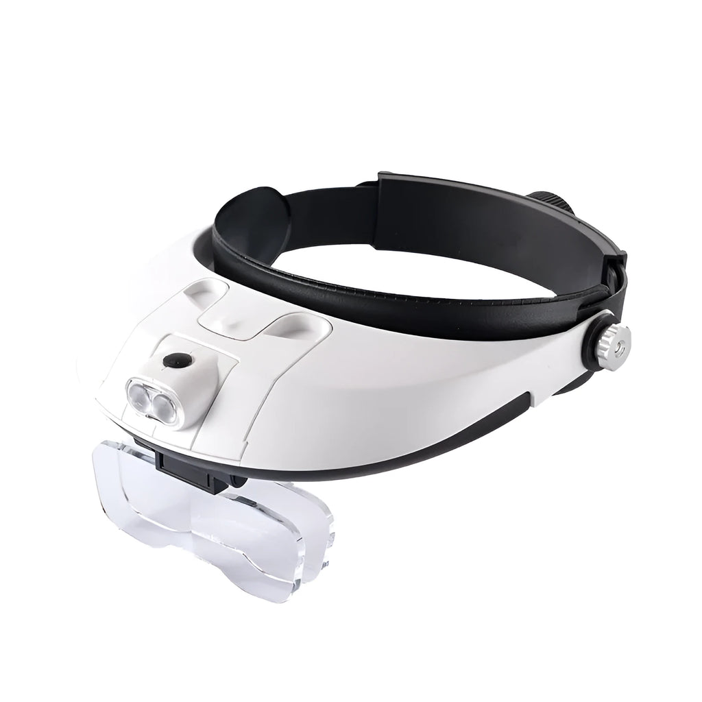 LED headband magnifier with adjustable strap and five removable magnification lenses