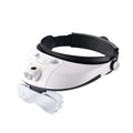 LED headband magnifier with adjustable strap and five removable magnification lenses