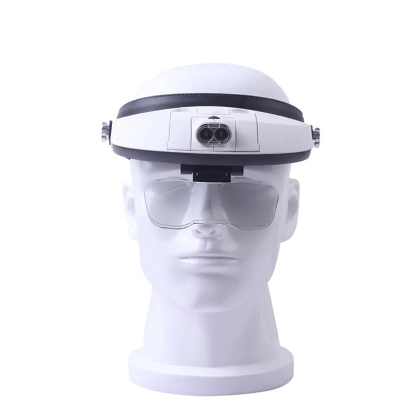 LED headband magnifier with adjustable strap and five removable magnification lenses