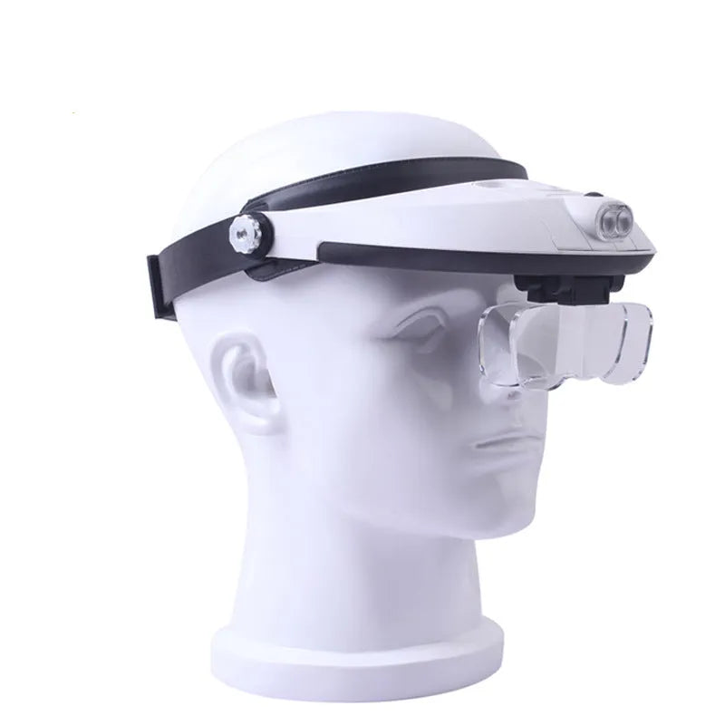 LED headband magnifier with adjustable strap and five removable magnification lenses