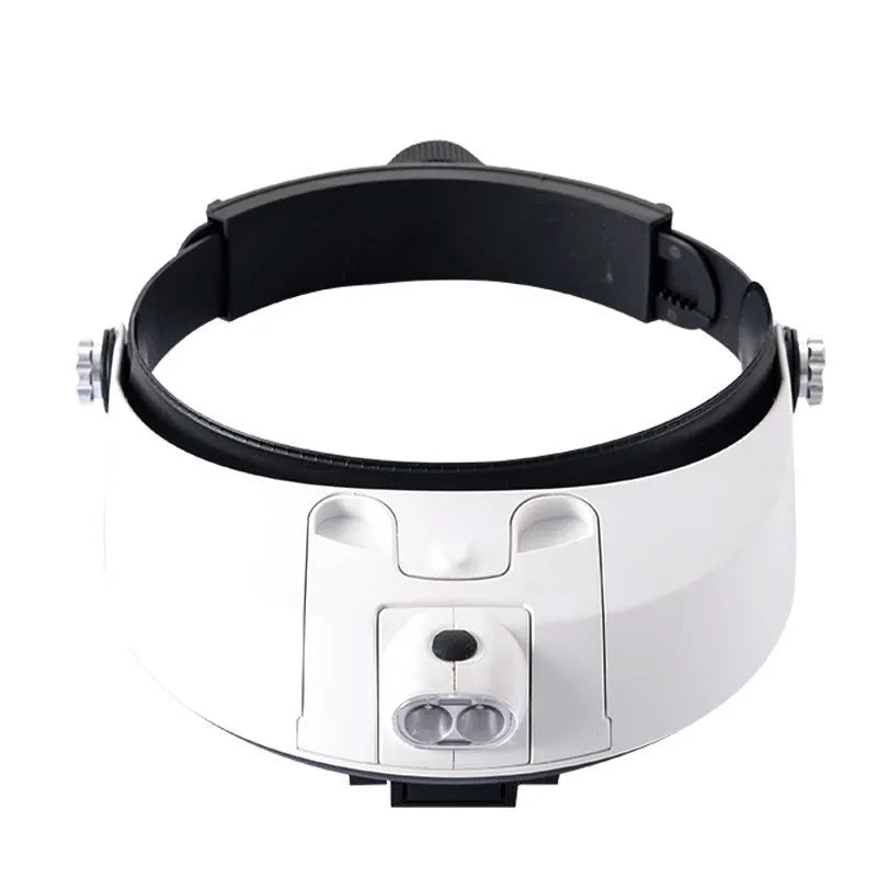 LED headband magnifier with adjustable strap and five removable magnification lenses