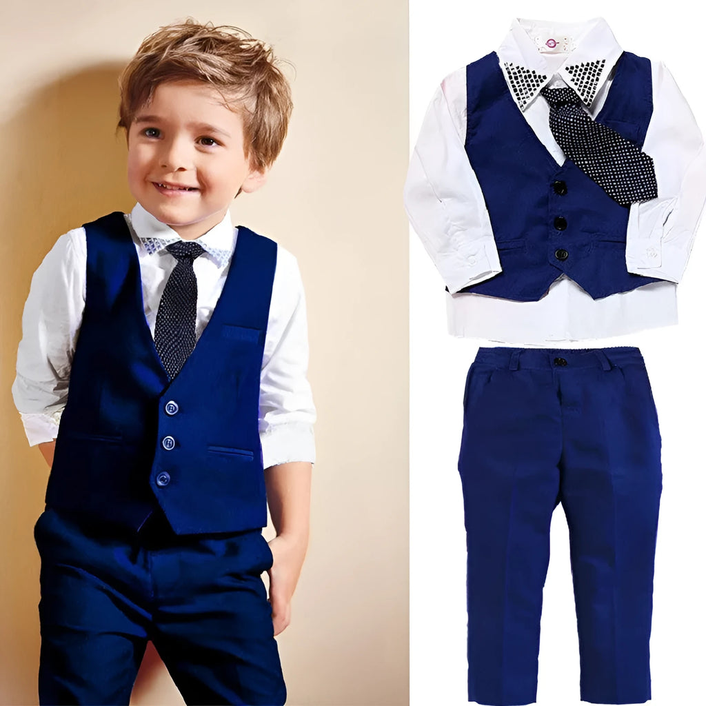Boys' blue three-piece suit set with turtleneck, vest, trousers, and matching tie