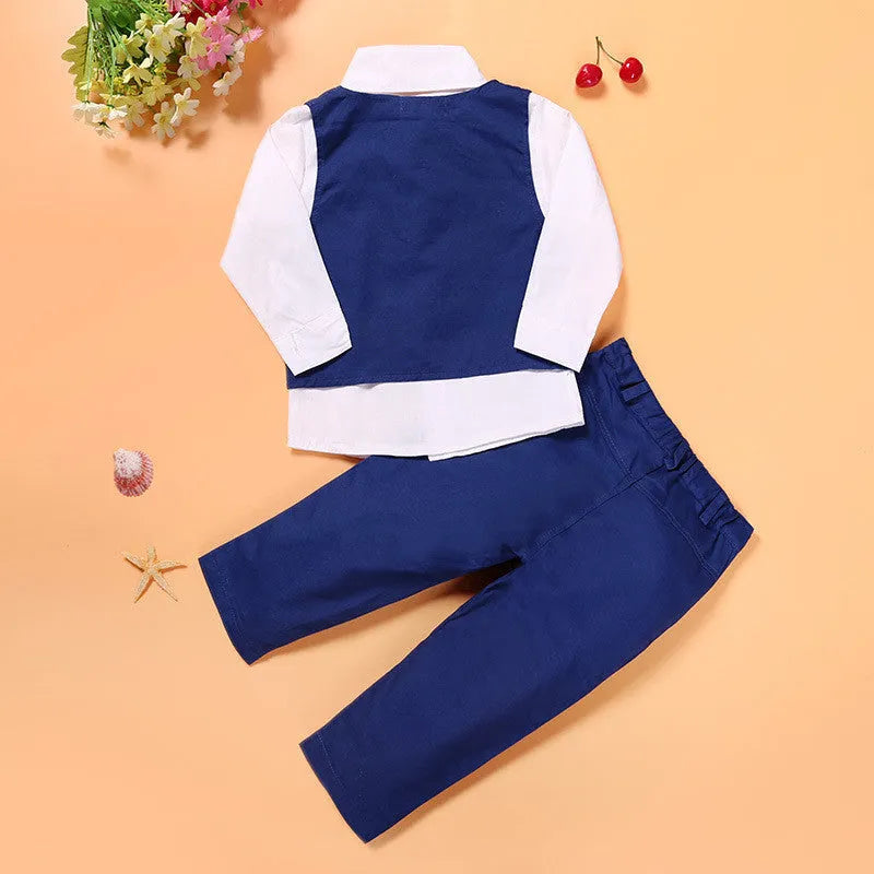 Boys' blue three-piece suit set with turtleneck, vest, trousers, and matching tie