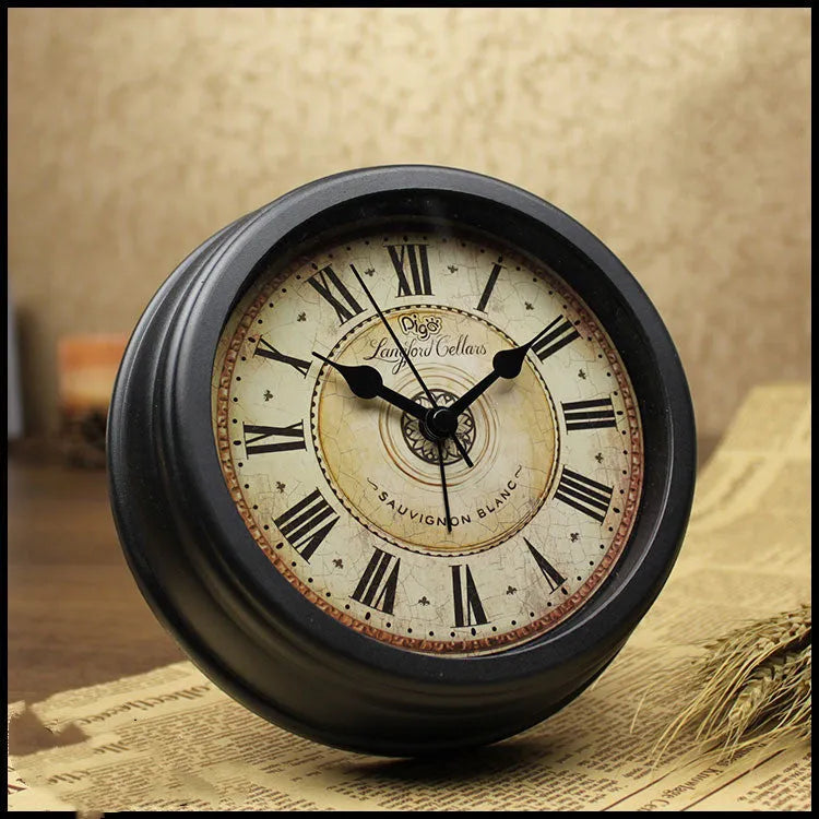 Round European retro style desk alarm clock showing 6-inch diameter and pointer display.
