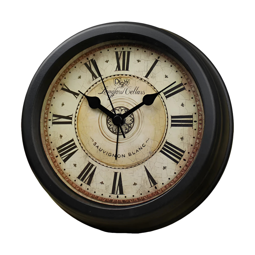 Round European retro style desk alarm clock showing 6-inch diameter and pointer display.