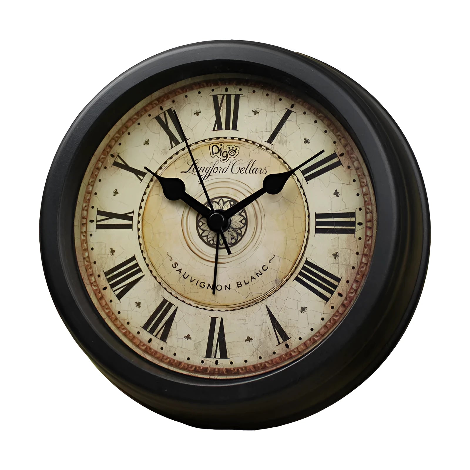 Round European retro style desk alarm clock showing 6-inch diameter and pointer display.