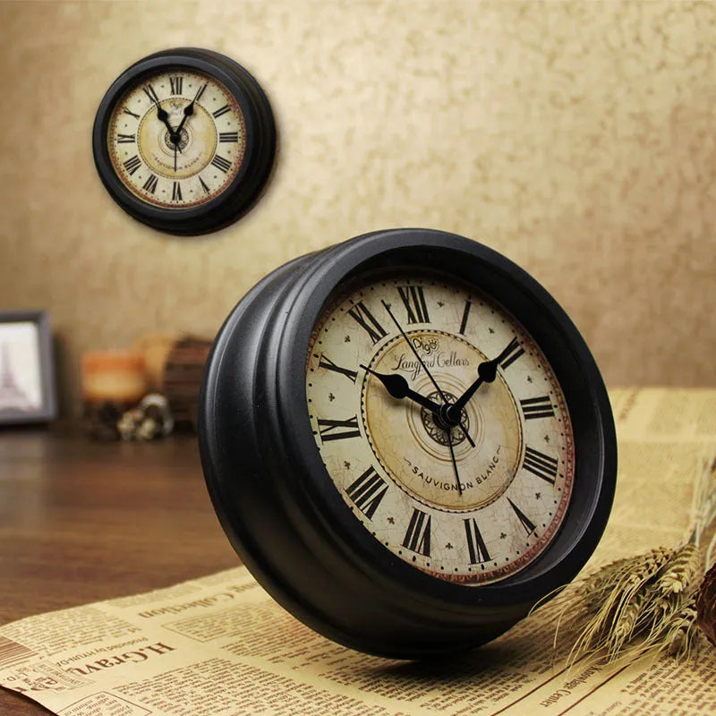 Round European retro style desk alarm clock showing 6-inch diameter and pointer display.