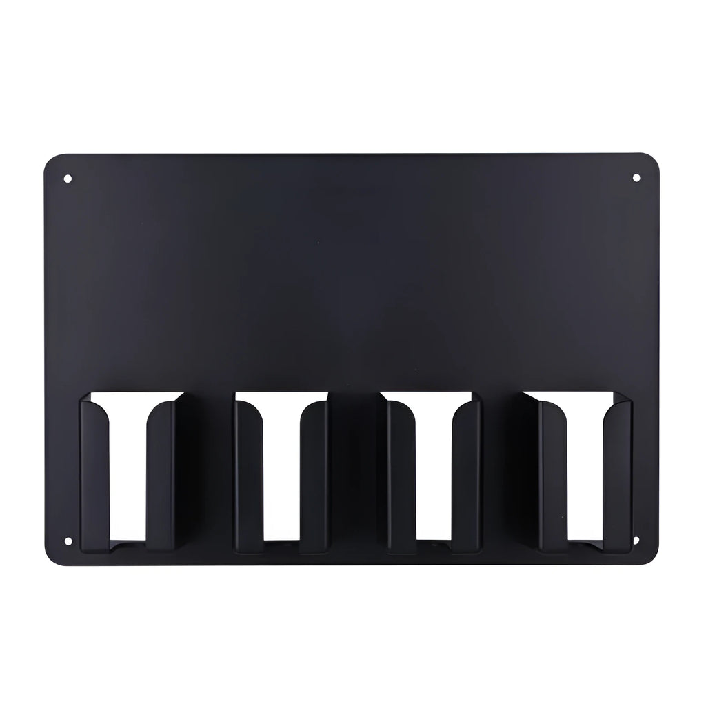 Black plastic wall-mounted frame holding four electric hair clippers