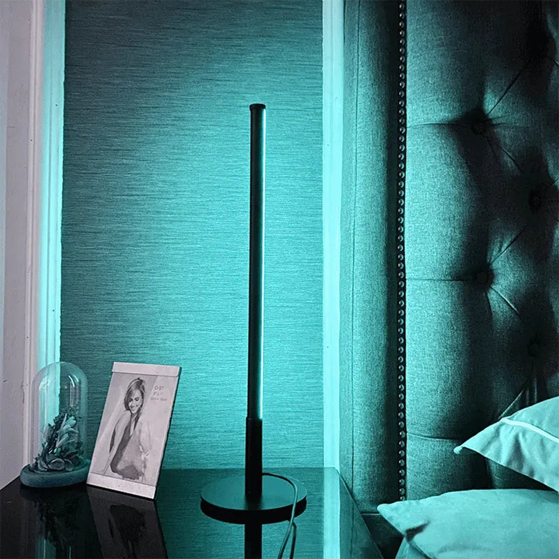 Nordic minimalism LED bedside table lamp with RGB remote control on wooden nightstand
