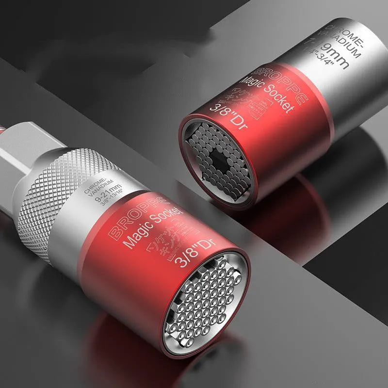 Red multi-function socket set with 7-19mm and 9-21mm universal sleeves and a wrench socket