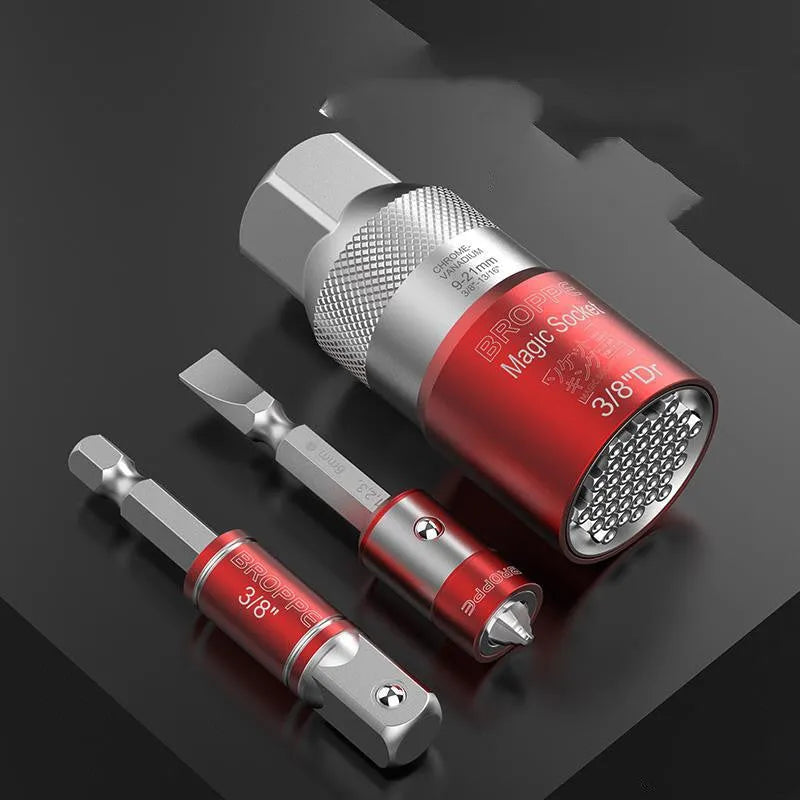 Red multi-function socket set with 7-19mm and 9-21mm universal sleeves and a wrench socket