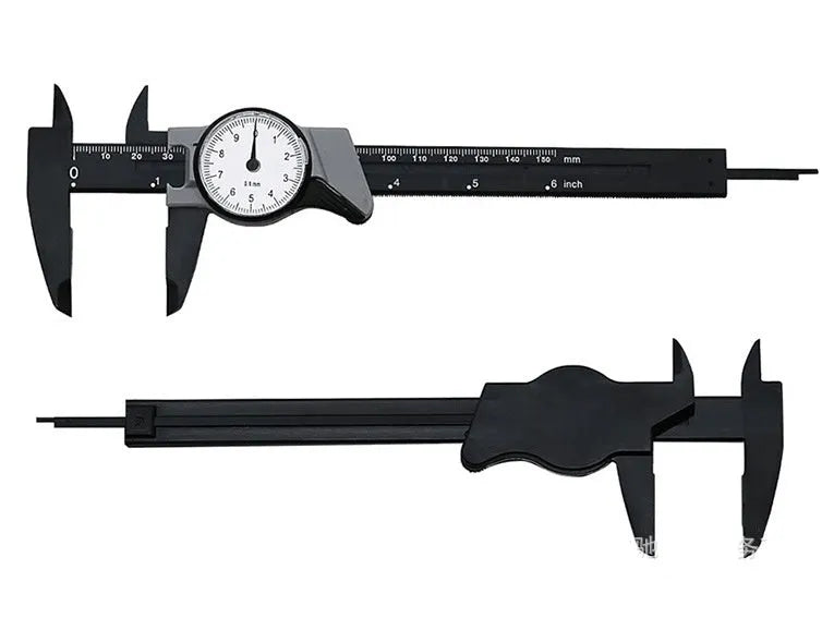 Black and white plastic vernier caliper showing 0-150mm scale with 0.1mm graduations.