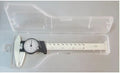 Black and white plastic vernier caliper showing 0-150mm scale with 0.1mm graduations.