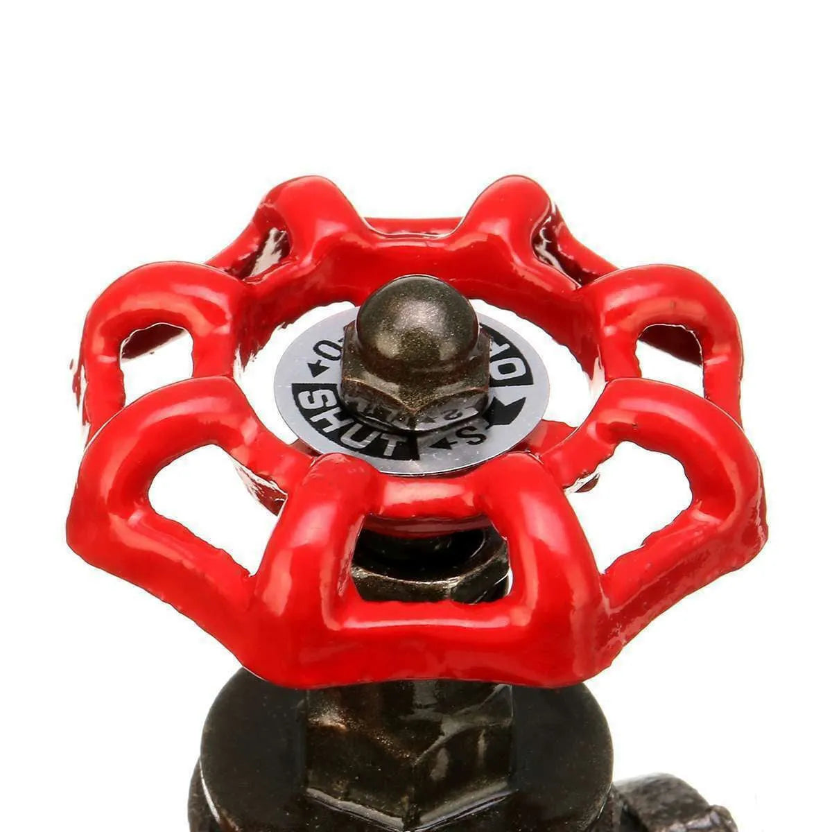 Red steampunk industrial valve with 3/4 inch threaded connections and wire operation