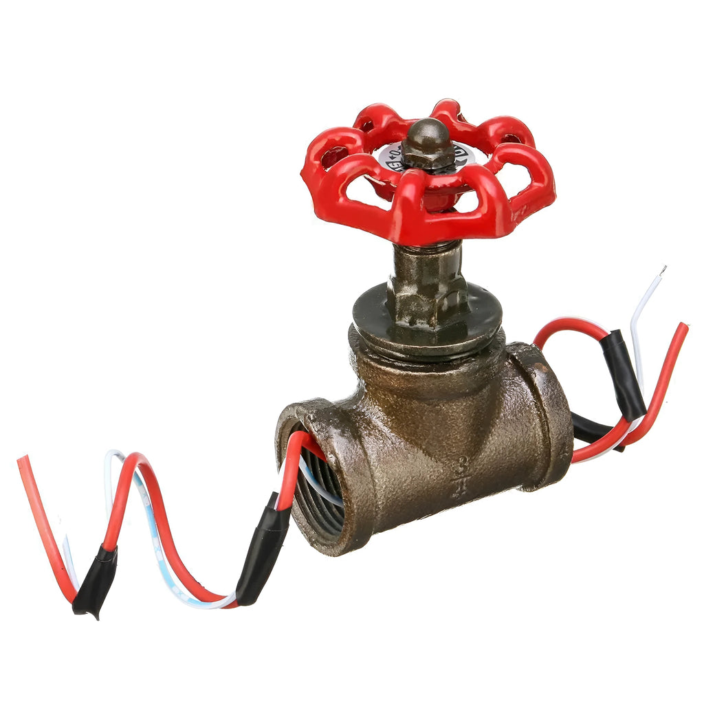 Red steampunk industrial valve with 3/4 inch threaded connections and wire operation