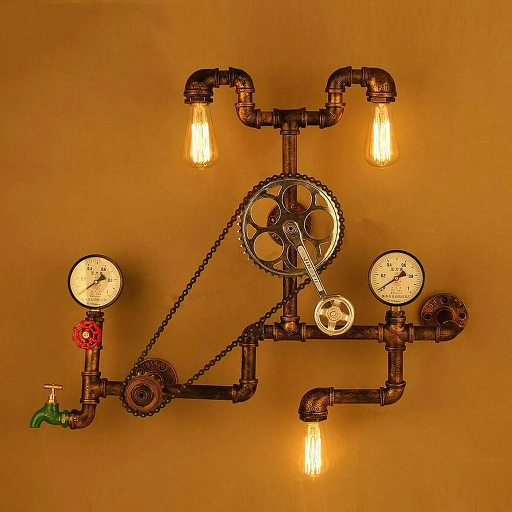 Red steampunk industrial valve with 3/4 inch threaded connections and wire operation