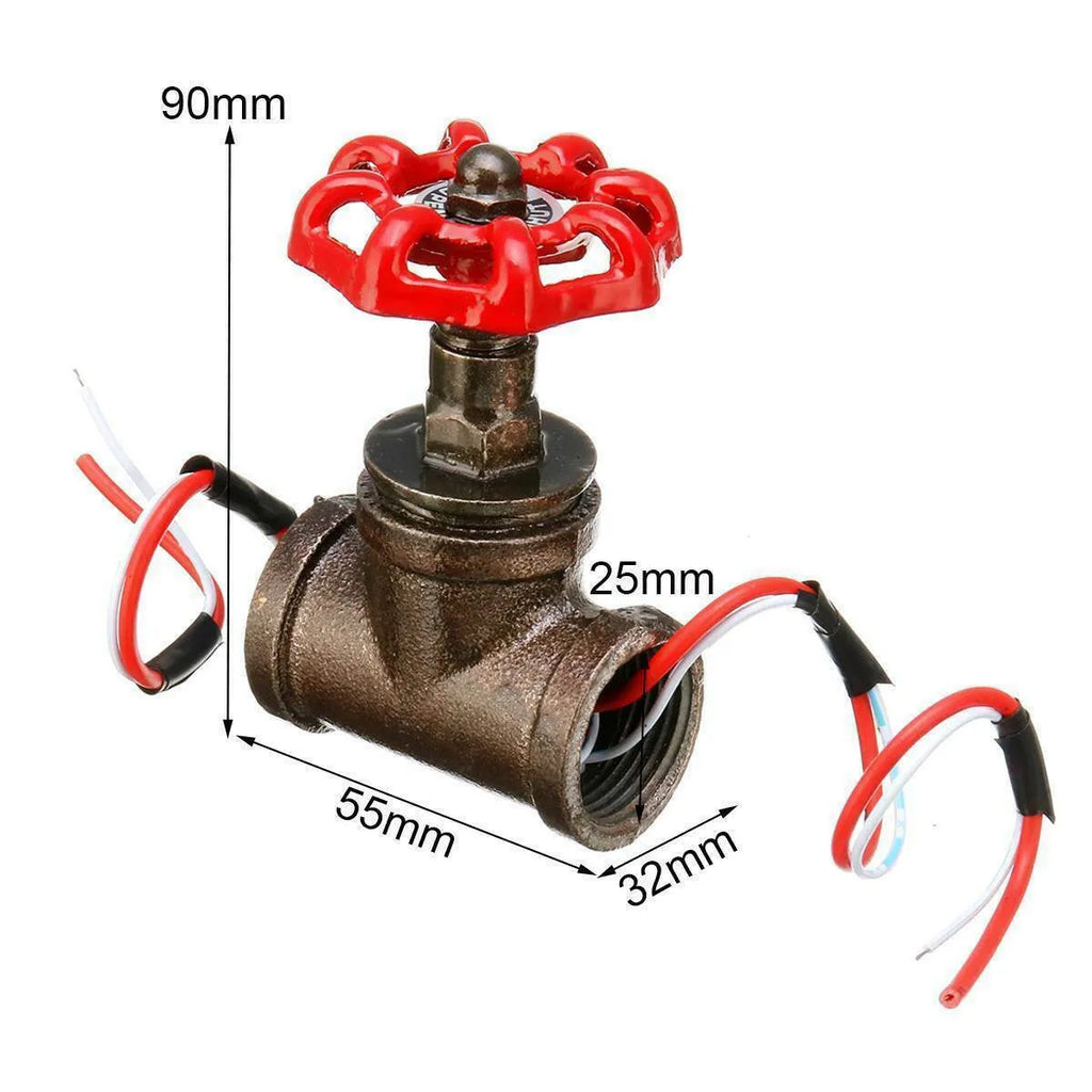 Red steampunk industrial valve with 3/4 inch threaded connections and wire operation