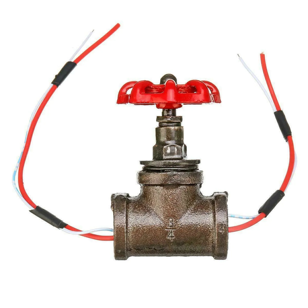 Red steampunk industrial valve with 3/4 inch threaded connections and wire operation