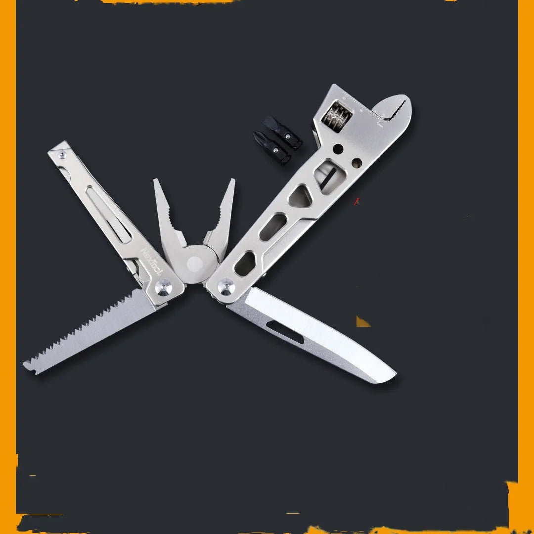 White stainless steel multi-function tool showing wrench, knife blade, and needle nose pliers jaws