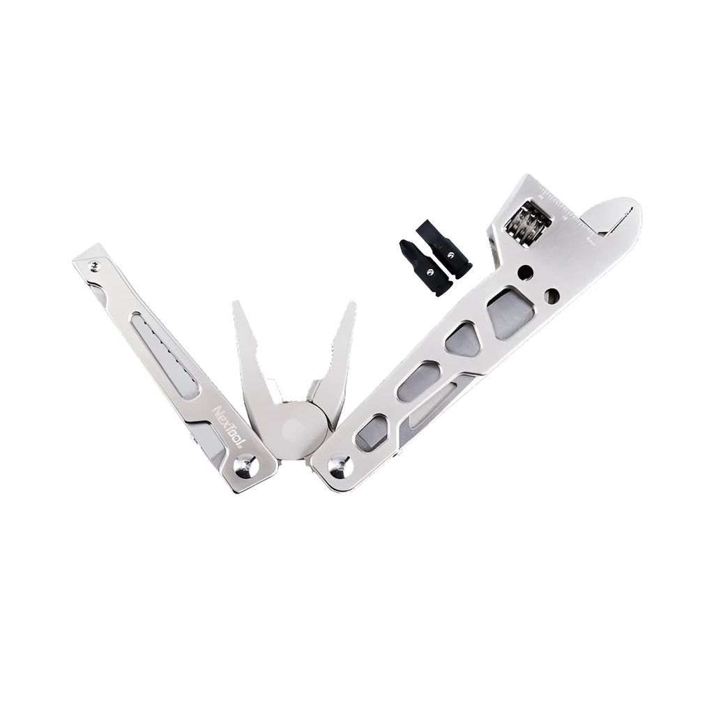 White stainless steel multi-function tool showing wrench, knife blade, and needle nose pliers jaws