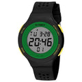 LED electronic sports watch with digital display, shown in multiple colour options including black, red, and blue.