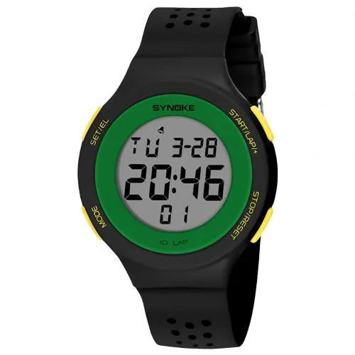 LED electronic sports watch with digital display, shown in multiple colour options including black, red, and blue.