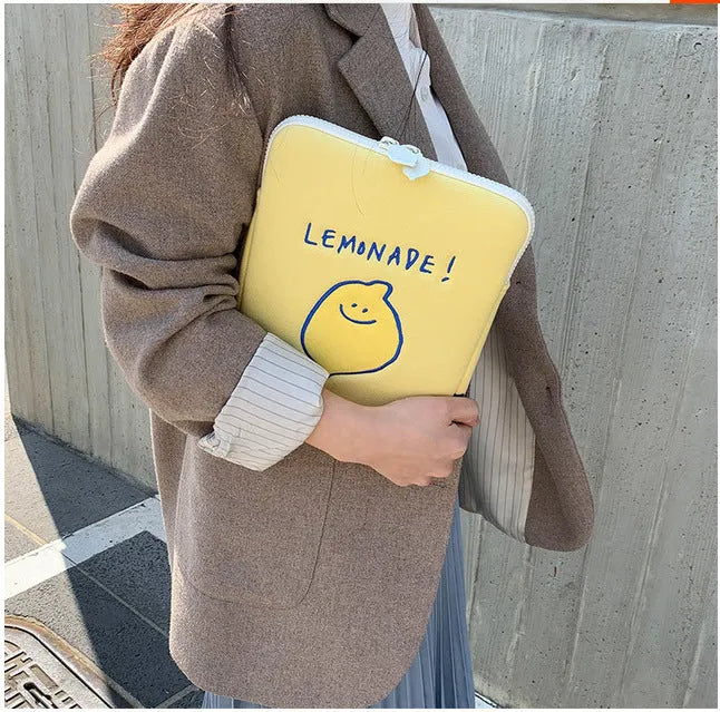 Korean Ins polyester tablet bag with lemon embroidery, letter details, fruit pattern, zip closure, 11 inch and 15 inch sizes.