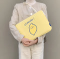 Korean Ins polyester tablet bag with lemon embroidery, letter details, fruit pattern, zip closure, 11 inch and 15 inch sizes.