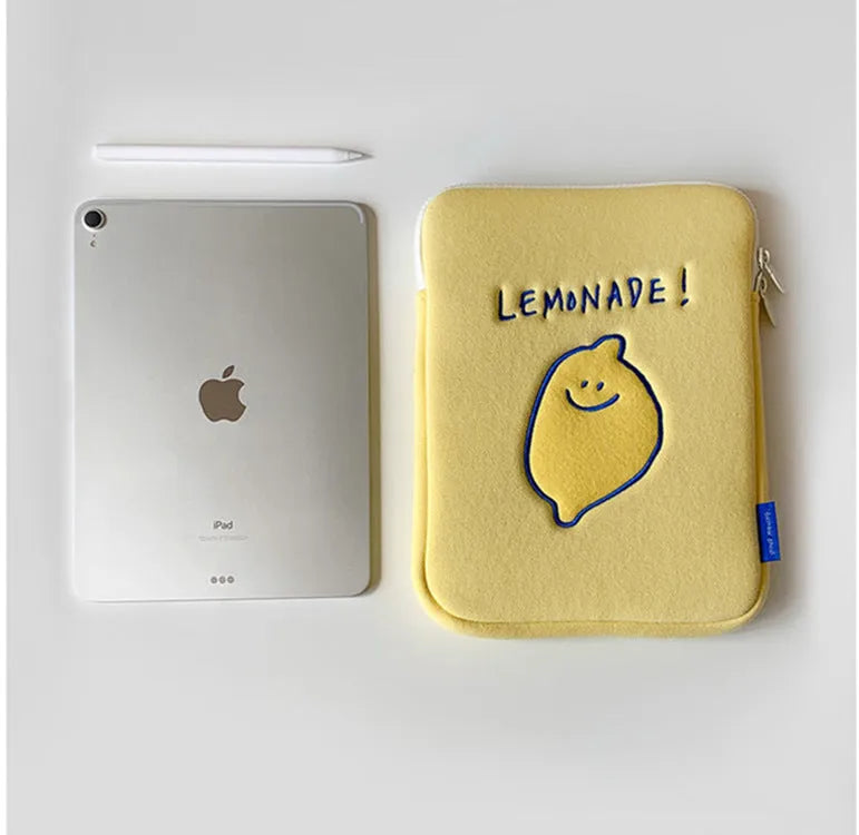 Korean Ins polyester tablet bag with lemon embroidery, letter details, fruit pattern, zip closure, 11 inch and 15 inch sizes.
