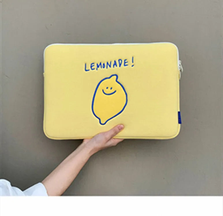 Korean Ins polyester tablet bag with lemon embroidery, letter details, fruit pattern, zip closure, 11 inch and 15 inch sizes.