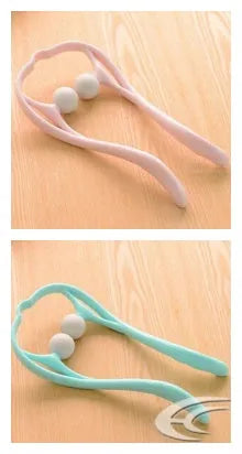 Plastic neck massager with hand roller in pink, blue, or green colours on adjustable stand