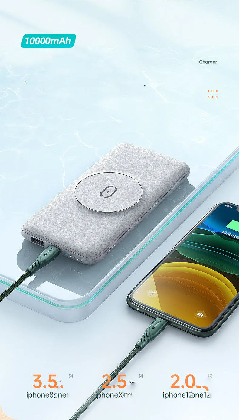 Maiduo Magsafe-compatible magnetic wireless power bank in mint green, showing clip and dimensions.