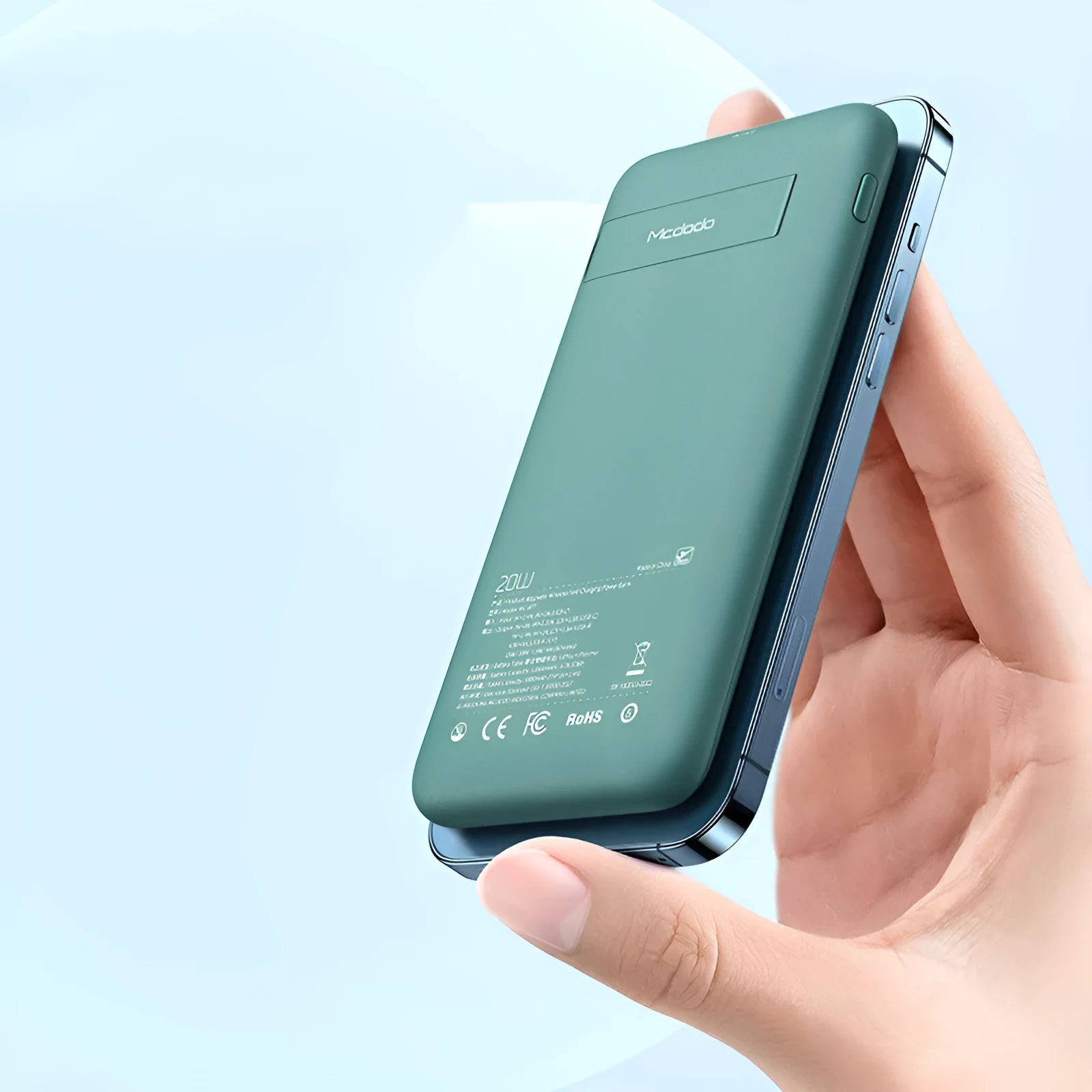 Maiduo Magsafe-compatible magnetic wireless power bank in mint green, showing clip and dimensions.
