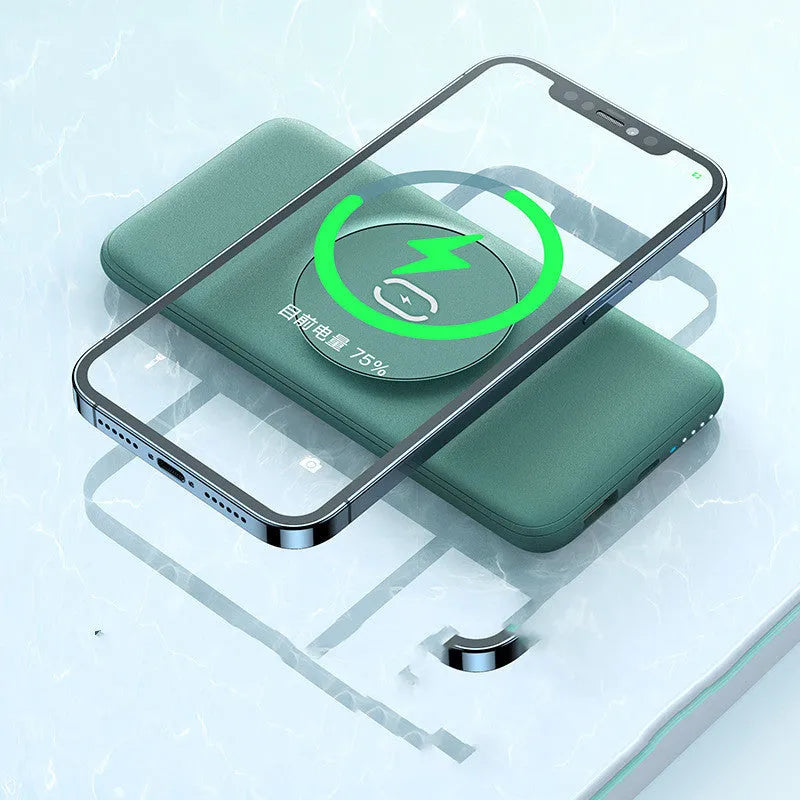Maiduo Magsafe-compatible magnetic wireless power bank in mint green, showing clip and dimensions.